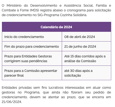 Calendário para credenciamento